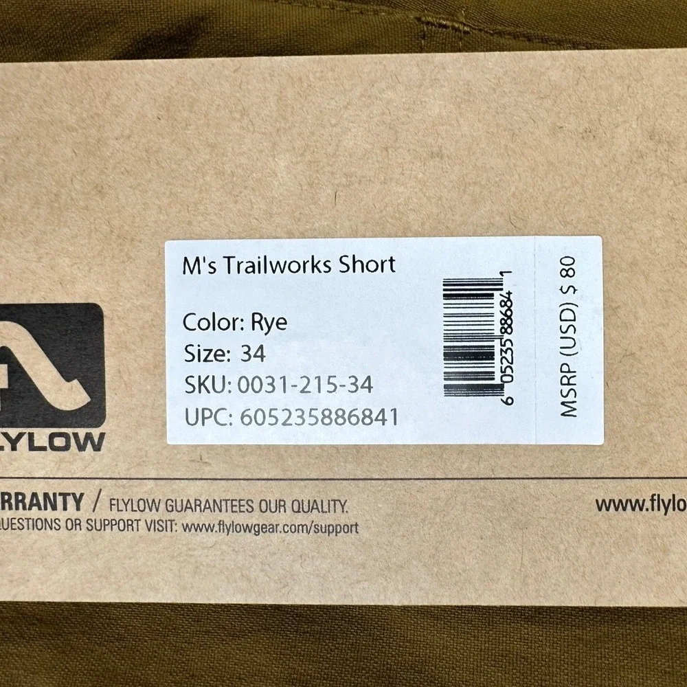 NEW Flylow Trailworks Shorts Men 34 Rye Brown Hiking Cargo Trail Outdoor Stretch